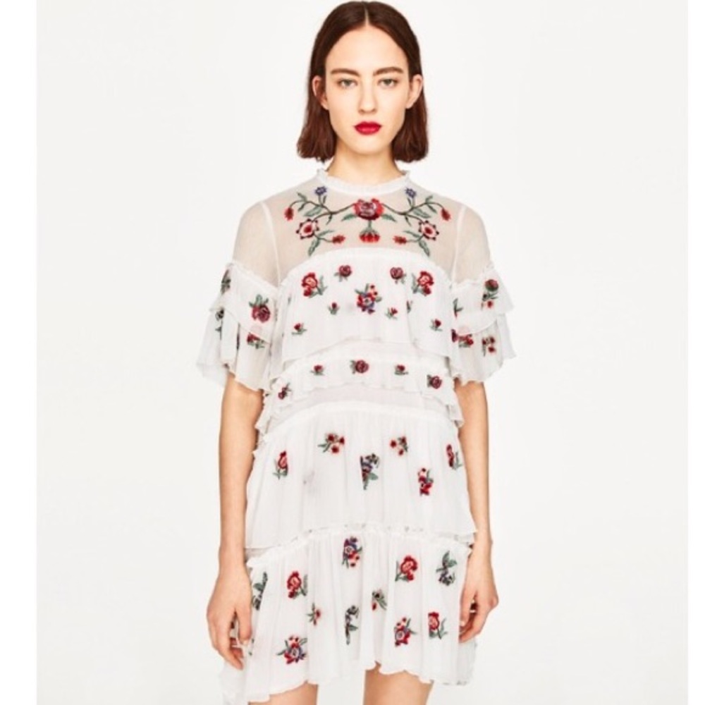 Tiered Floral Embroidered Dress by Zara